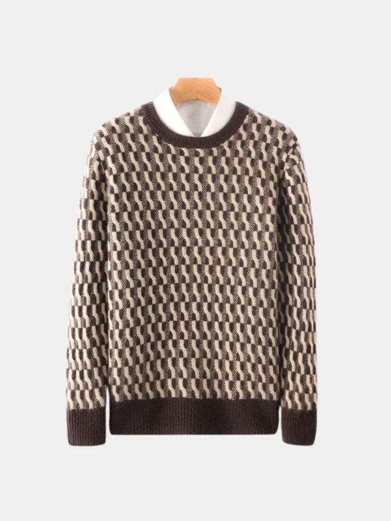 100% Wool Geometric Crew Neck Pullover Sweater