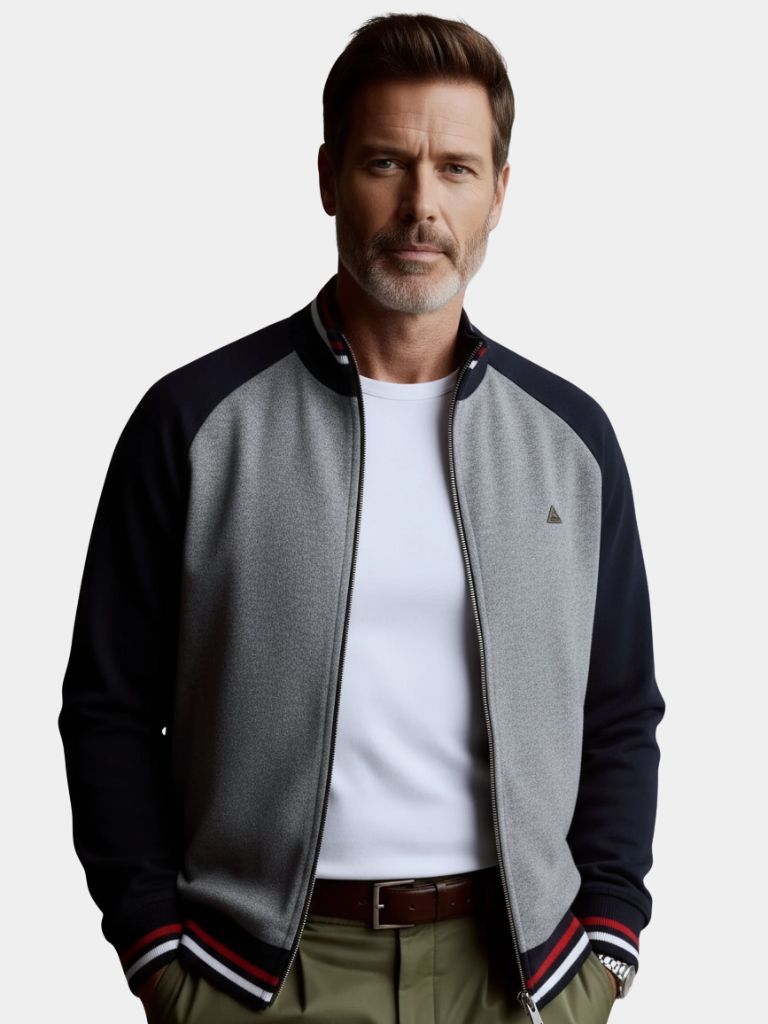 Zipper Color Block Standing Collar Cardigan Sweater