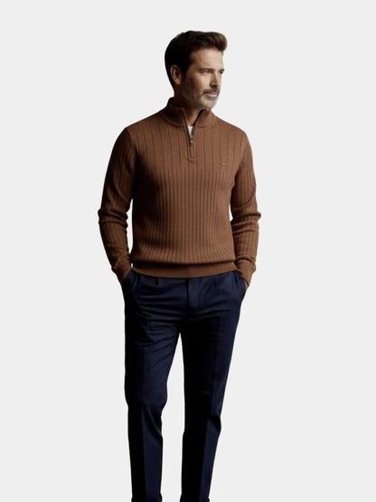 Cotton Knit Vertical Stripes Quarter-Zip Sweater