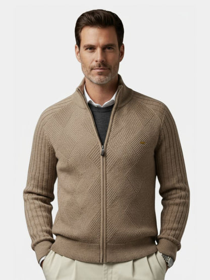 Knit Zipper Jacquard Solid Color Cardigan Sweater