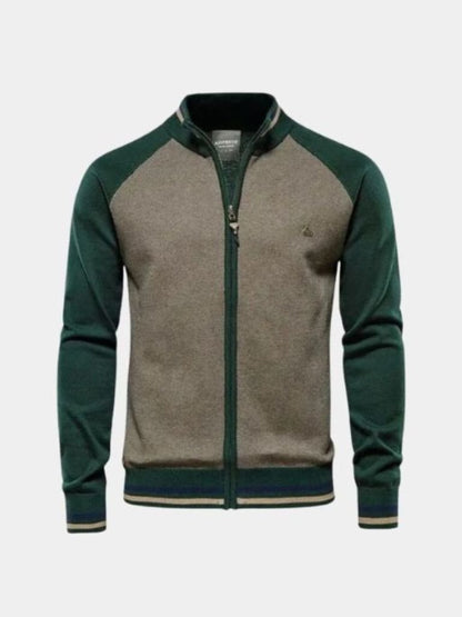 Zipper Color Block Standing Collar Cardigan Sweater