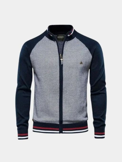 Zipper Color Block Standing Collar Cardigan Sweater